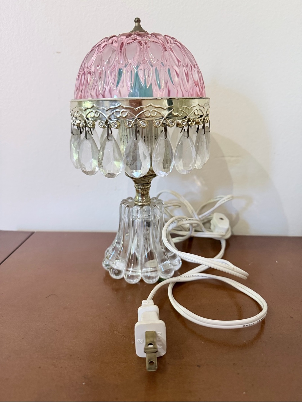 Vintage Michelotti Pink Cranberry Glass Prism Boudoir Princess Table Lamp 9”